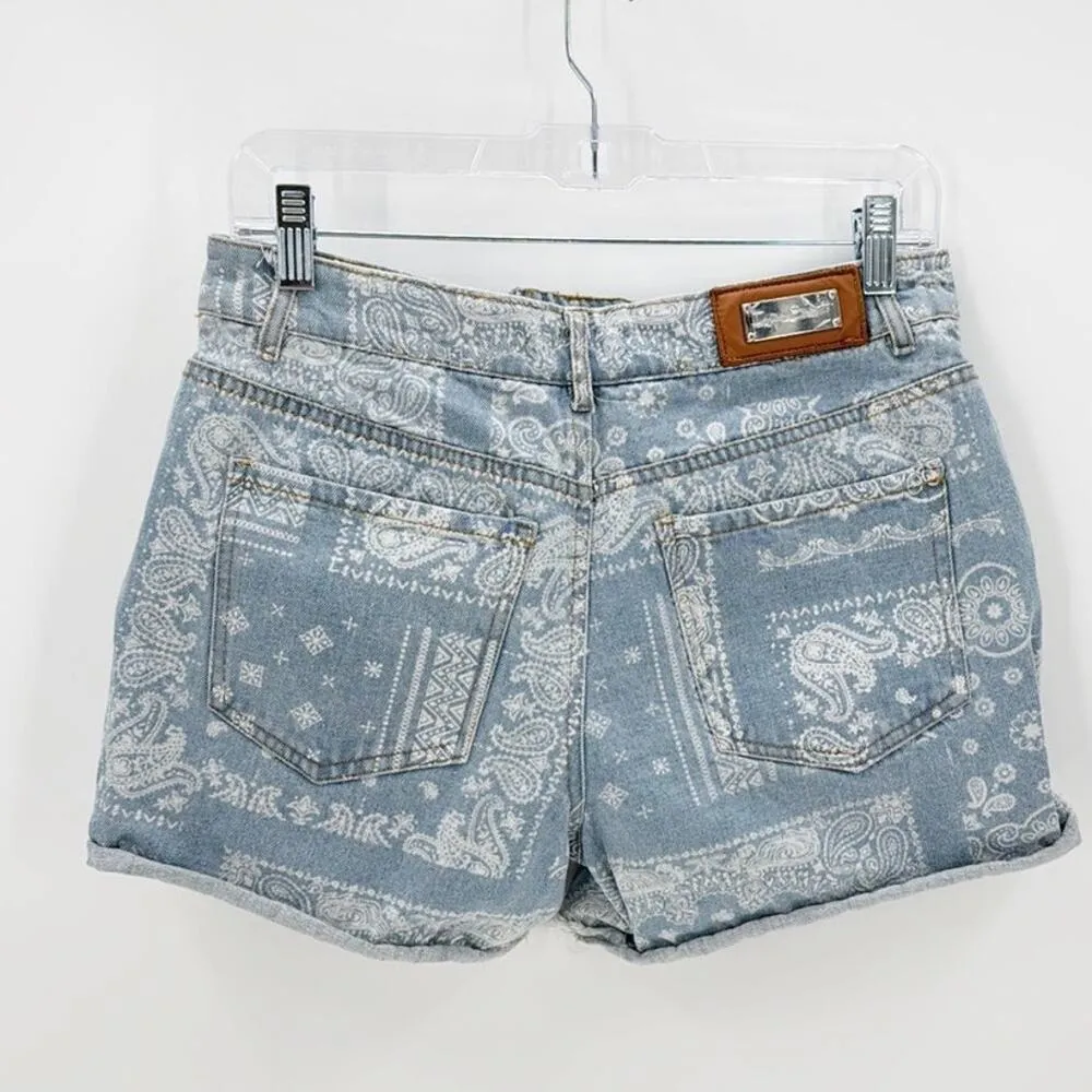 Indigo Saints raw hem denim shorts hanker chief print light wash size 27 western Blue - Image 2