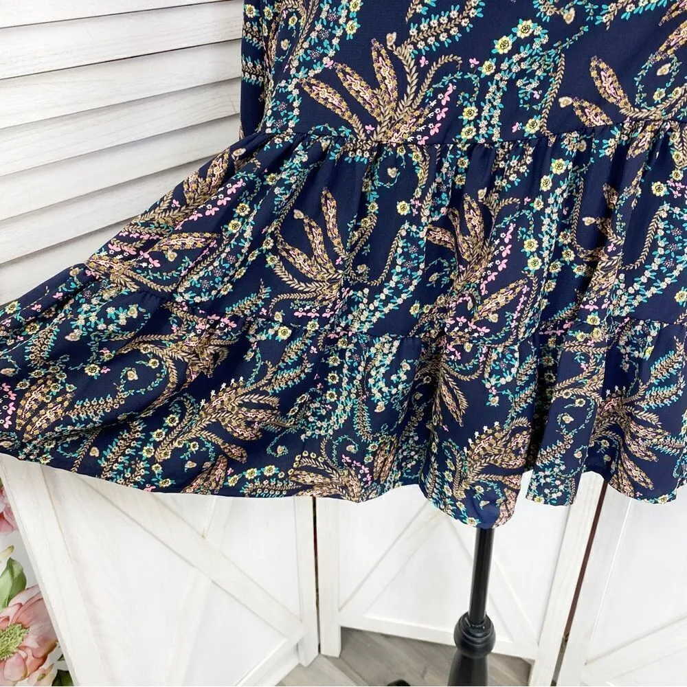 Les Amis‎ Floral Boho Tiered Ruffle Hem Blouse Blue Multi Small - Image 7