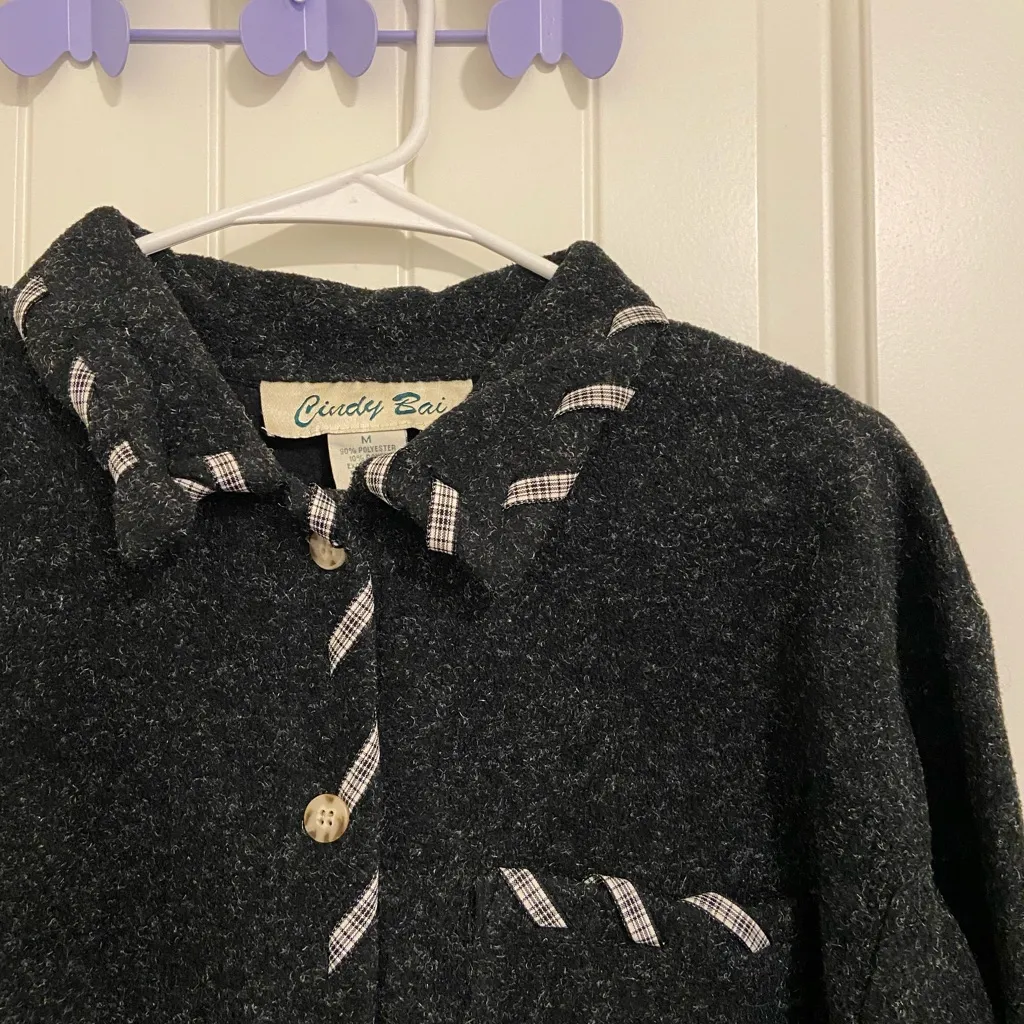 EUC Vintage Cindy Bai women’s dark gray soft‎ thick ribbon button jacket medium White - Image 3