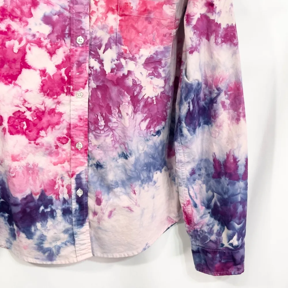 Polo Jeans Company Large Top Handmade Tie Dye Button Long Sleeve Pink Purple 539 - Image 7