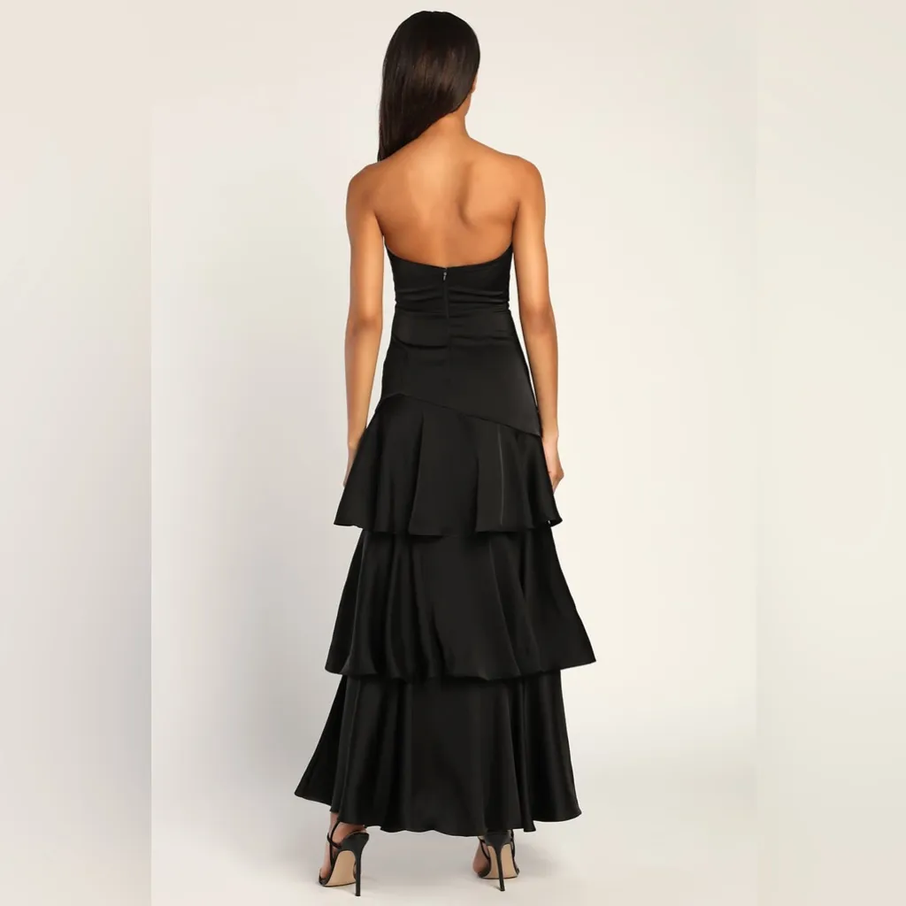 LULU’S Blissfully Beautiful Black Satin Strapless Tiered Maxi Dress - Image 5