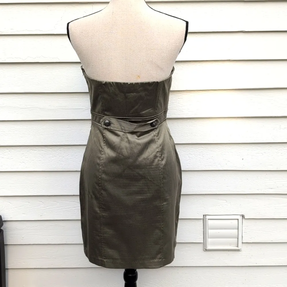 Rhapsody Satin Strapless Cocktail Dress | Juniors Olive Green Strapless Dress - Image 5