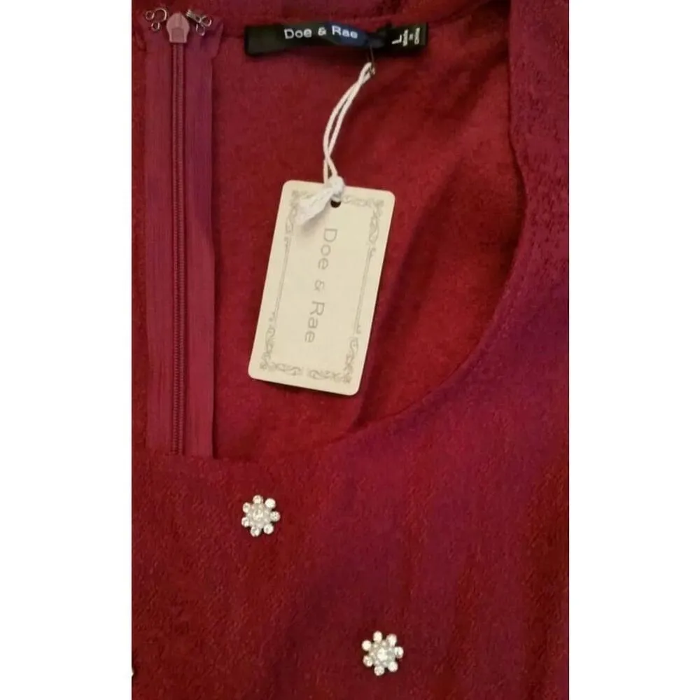 Burgundy Pleated Skirt Beaded Bodice Short-Sleeve ModCloth Dress by Doe & Rae - Image 5