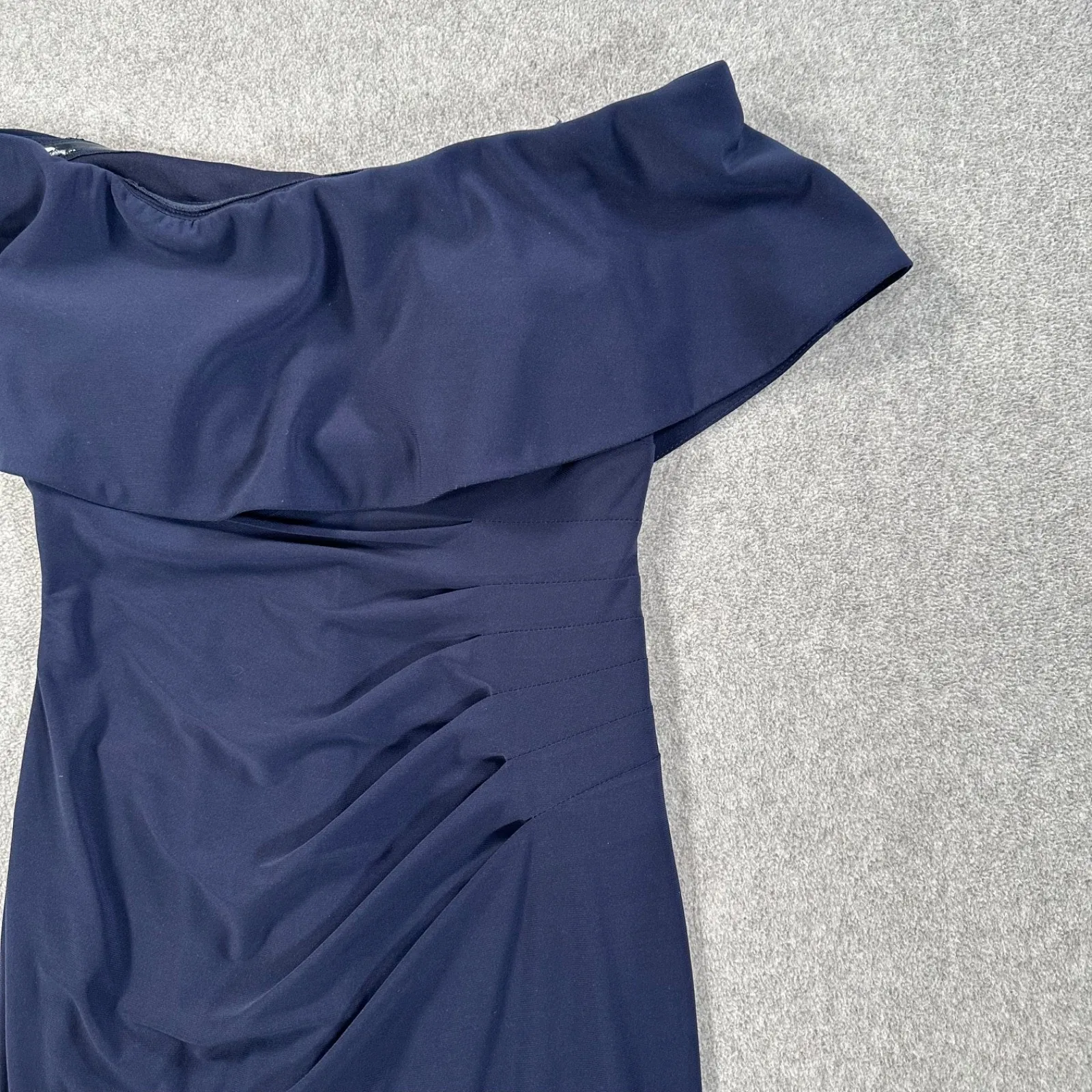 Xscape Off the Shoulder Side Ruched Women's 2 Petite Cocktail Dress Navy Blue - Image 2