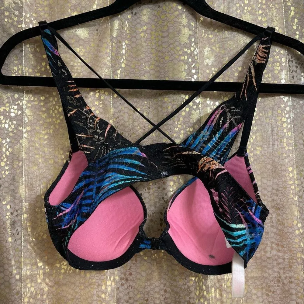 PINK black lace tropical front clip strappy bra, used 34B - Image 2