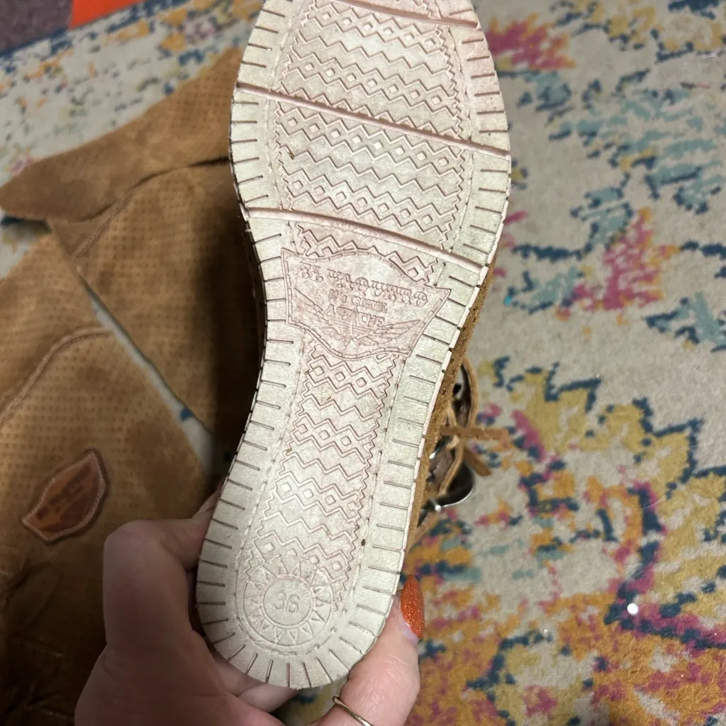 El Vaquero 80s Brown Suede Fringe Boots size 36 Pull on Knee High - Image 7