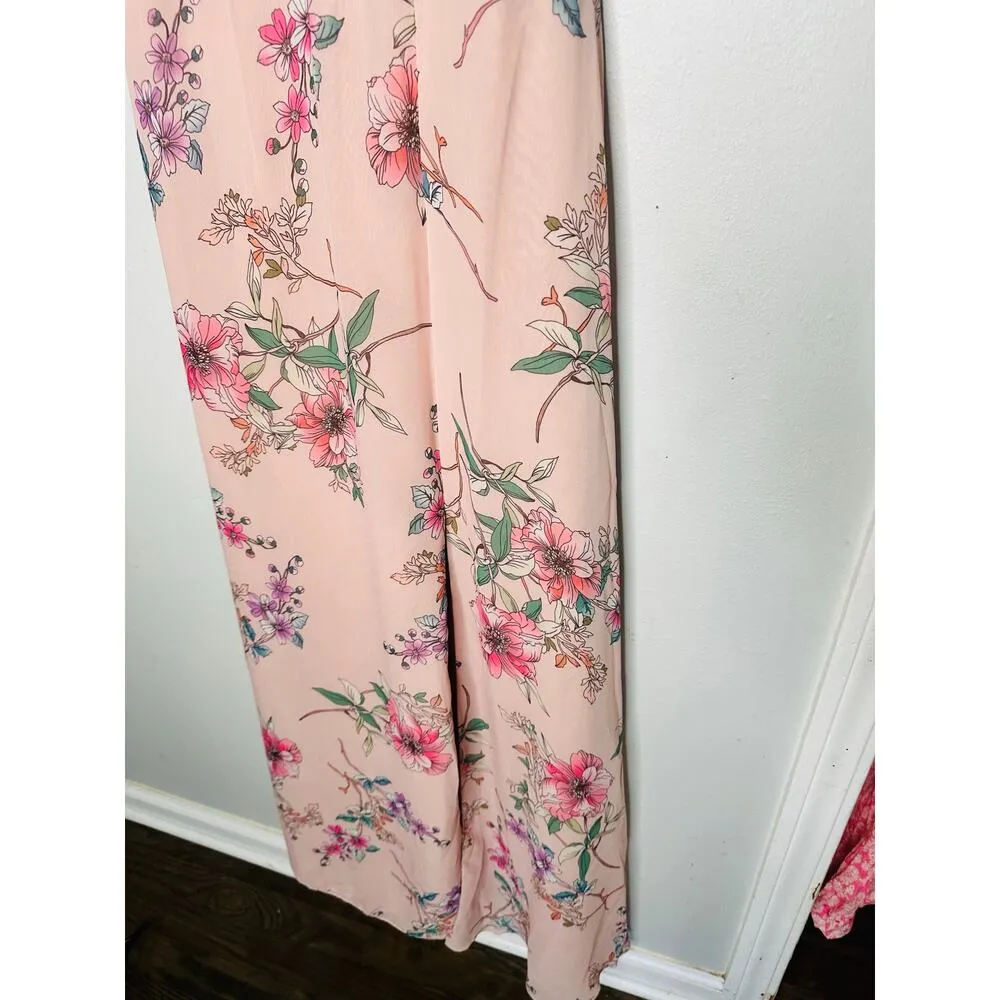 MONIQUE LHUILLIER Pink Floral Crepe Short Sleeve Floral Gwen Gown Size 6 - Image 7