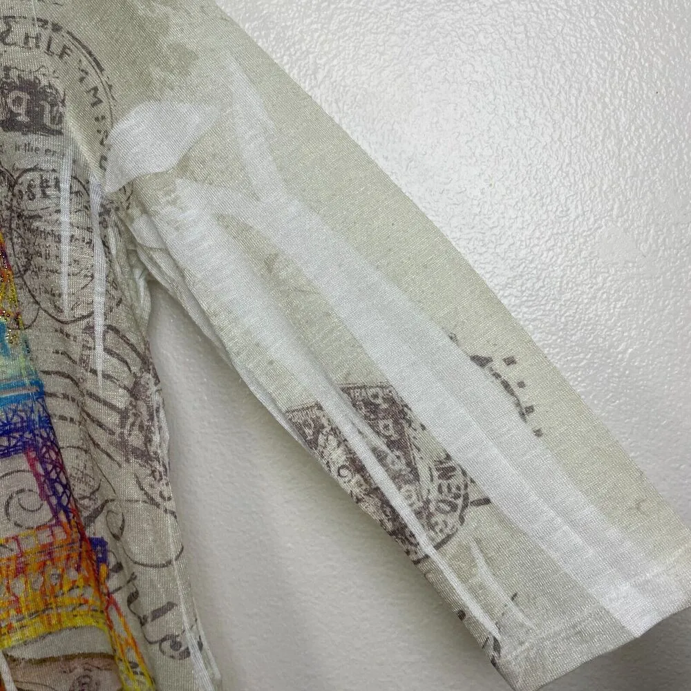 Cactus Shirt Womens Large Top White Multi Europe Paris Mail Stamp Rhinestone - Image 8