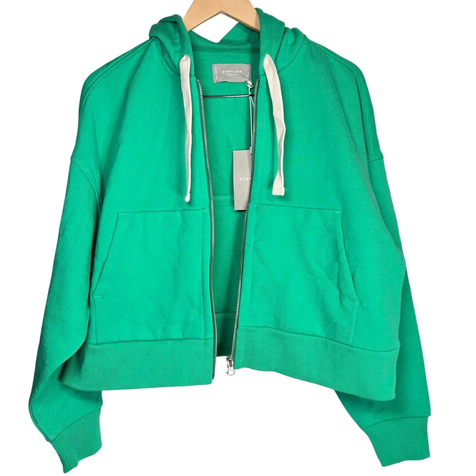 Everlane Organic Cotton Full Zip Hoodie Bright Jade Green Size Small Cropped - Image 3