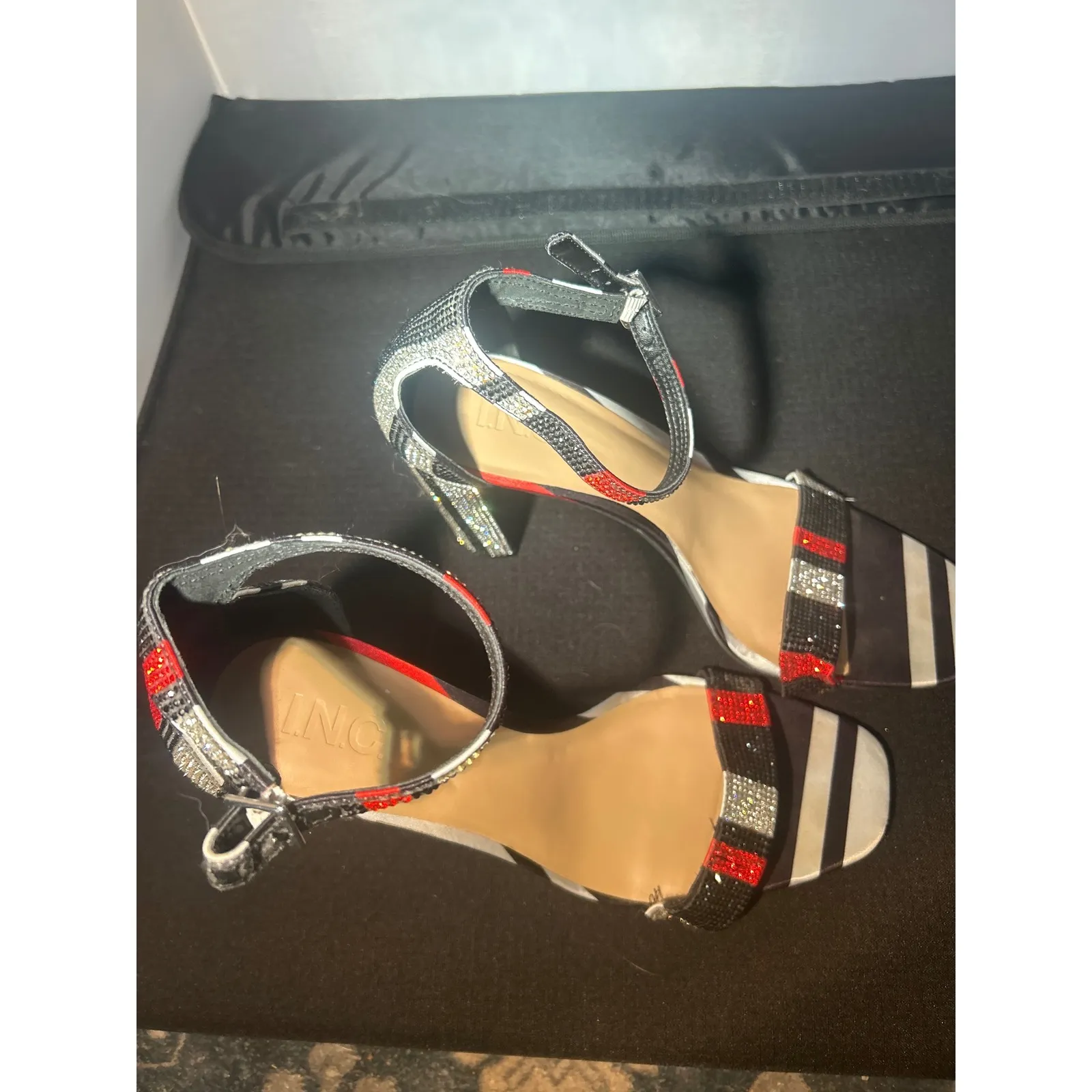 INC International Concepts Heels Red Silver Stripe Ankle‎ Strap Party Shoes Size 10 - Image 5