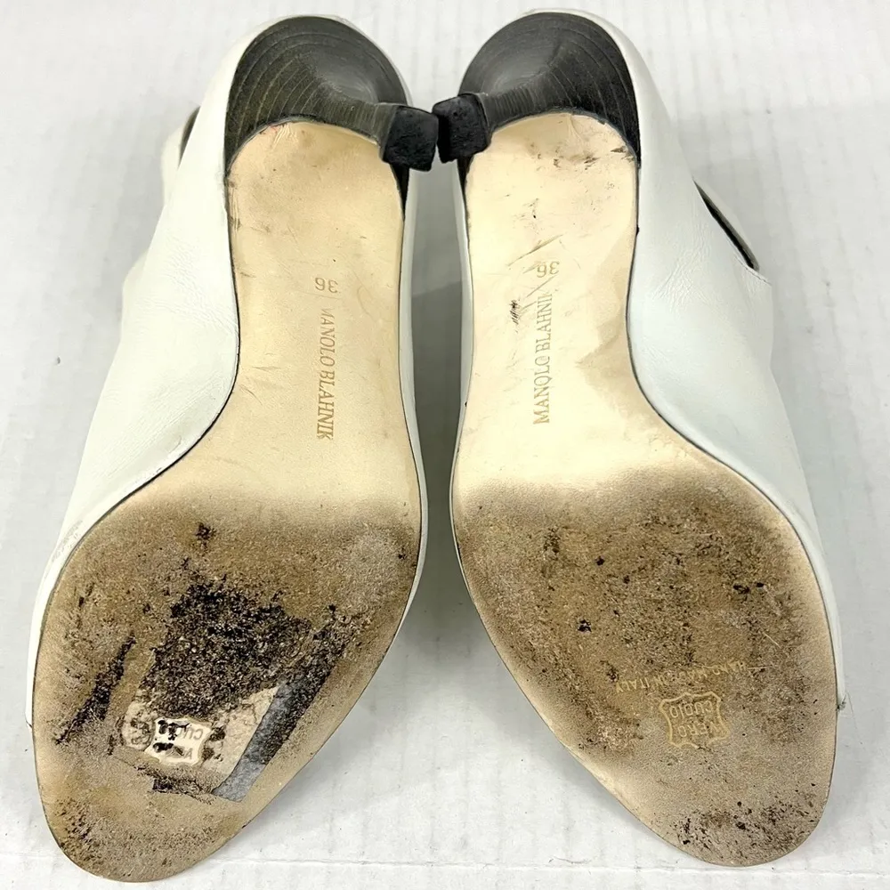 Manolo Blahnik White Leather Peep-toe Chain Bootie Heels - Size 5.5 /36 - Image 15