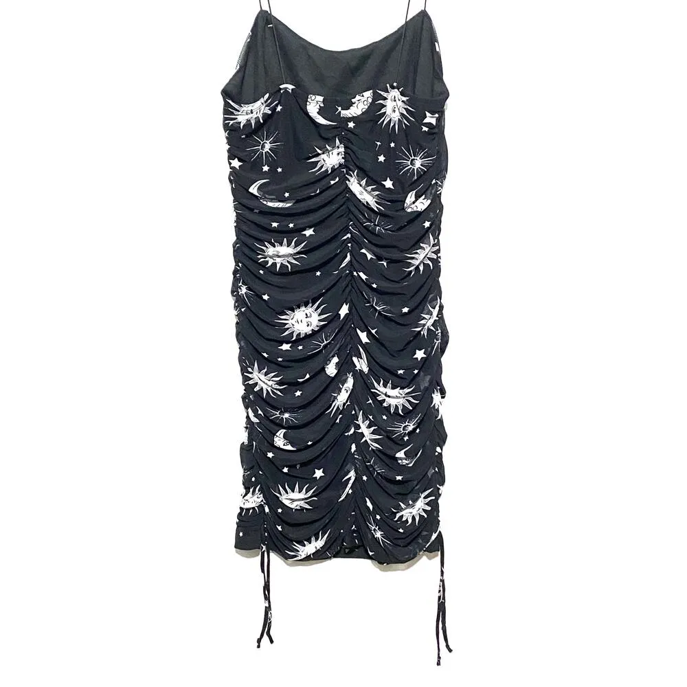Forever 21 Celestial Sun Moon Black Cami Ruched Mini Dress Womens M NWT Lined - Image 6
