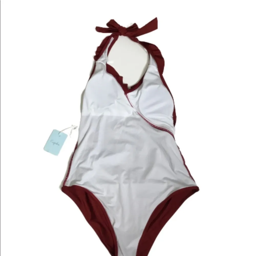 Cupshe Maroon One Piece Swimsuit High Thigh Cut Ruffle Front Medium - Image 6