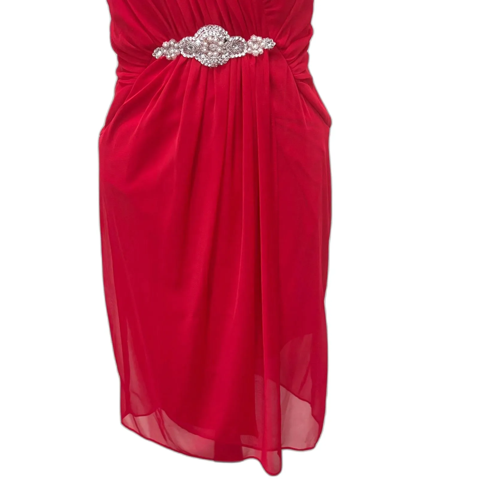 Alex Evenings Chiffon Short Cocktail Dress‎ Red Pearl Embellished Waist Size 6 - Image 4
