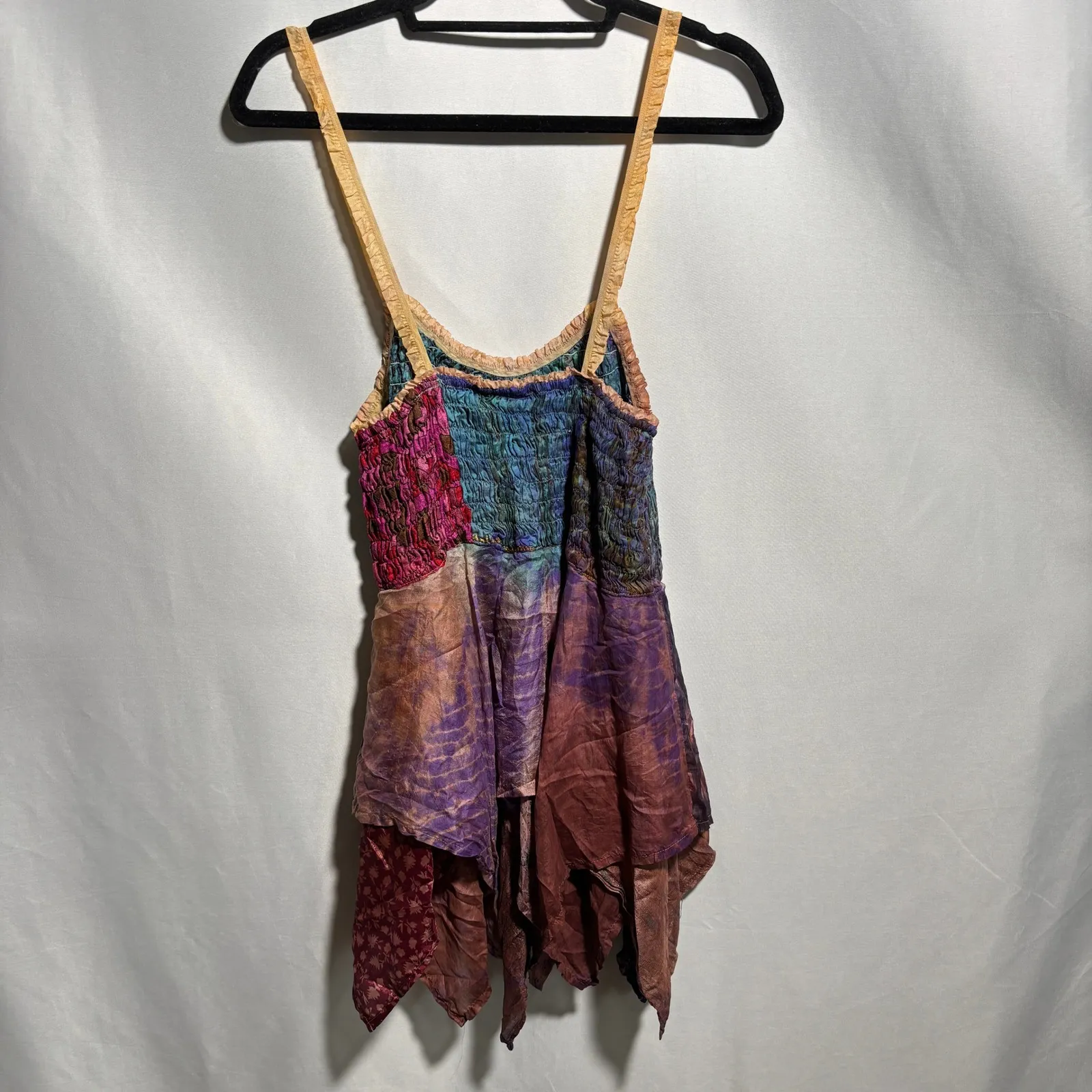 VTG Silk Smocked Sleeveless Tunic Top Handkerchief Hem Fairy Colorful Boho S Y2K - Image 2