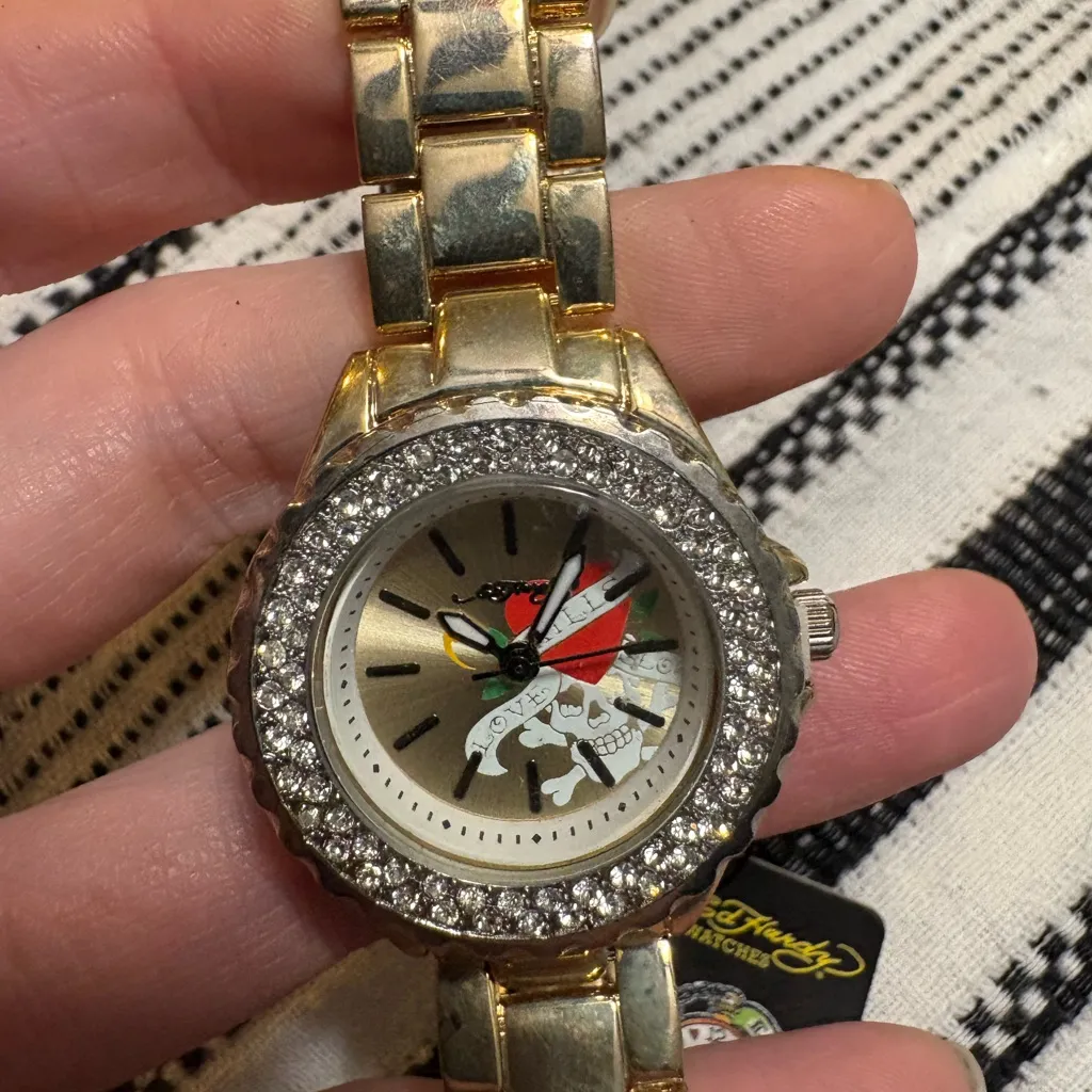 Ed Hardy Gold Rhinestone Accent Watch New With Tags Love Kills Slowly - Image 4