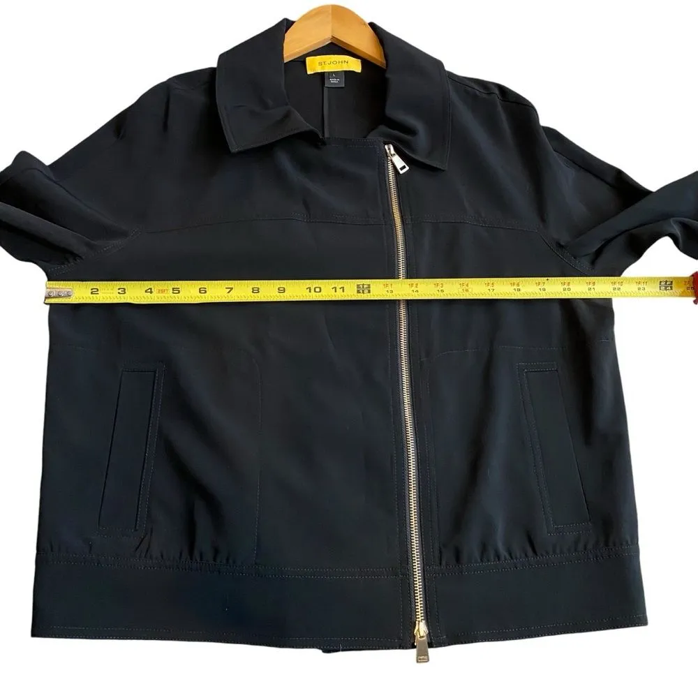 St. John  Women’s L Asymmetrical Zipper Bomber Jacket Solid Black Sporty‎ Casual - Image 7