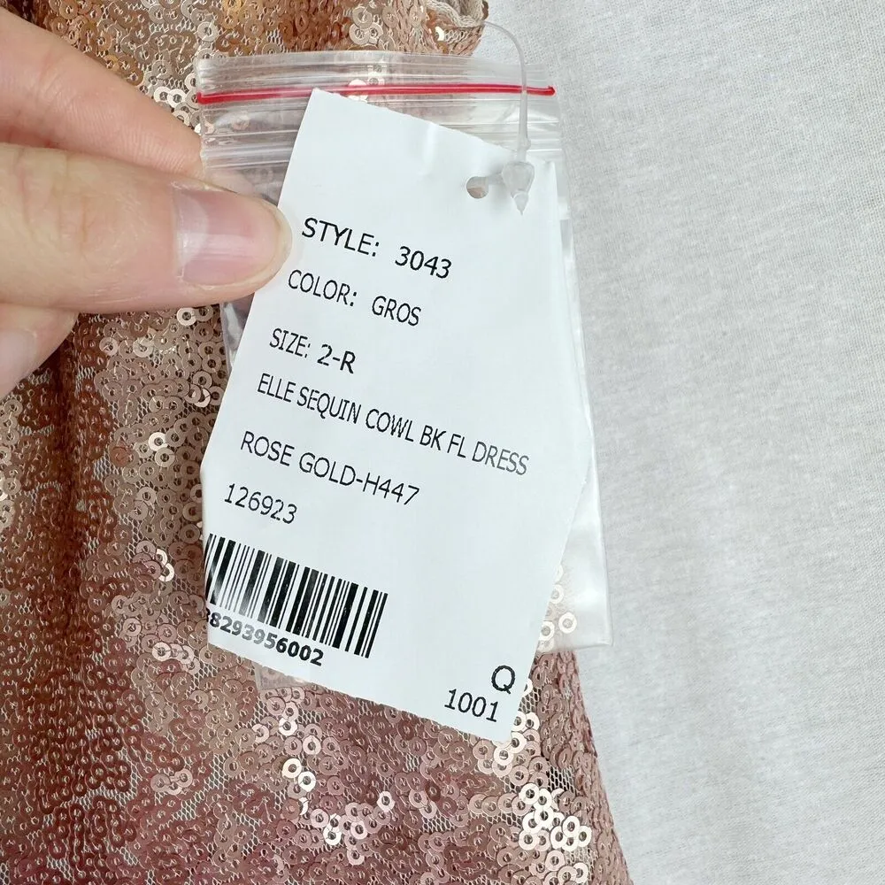 DESSY COLLECTION Rose Gold Sequin Cowl Back Cap Sleeve Gown with Slit 3043 Sz 2 Pink - Image 7