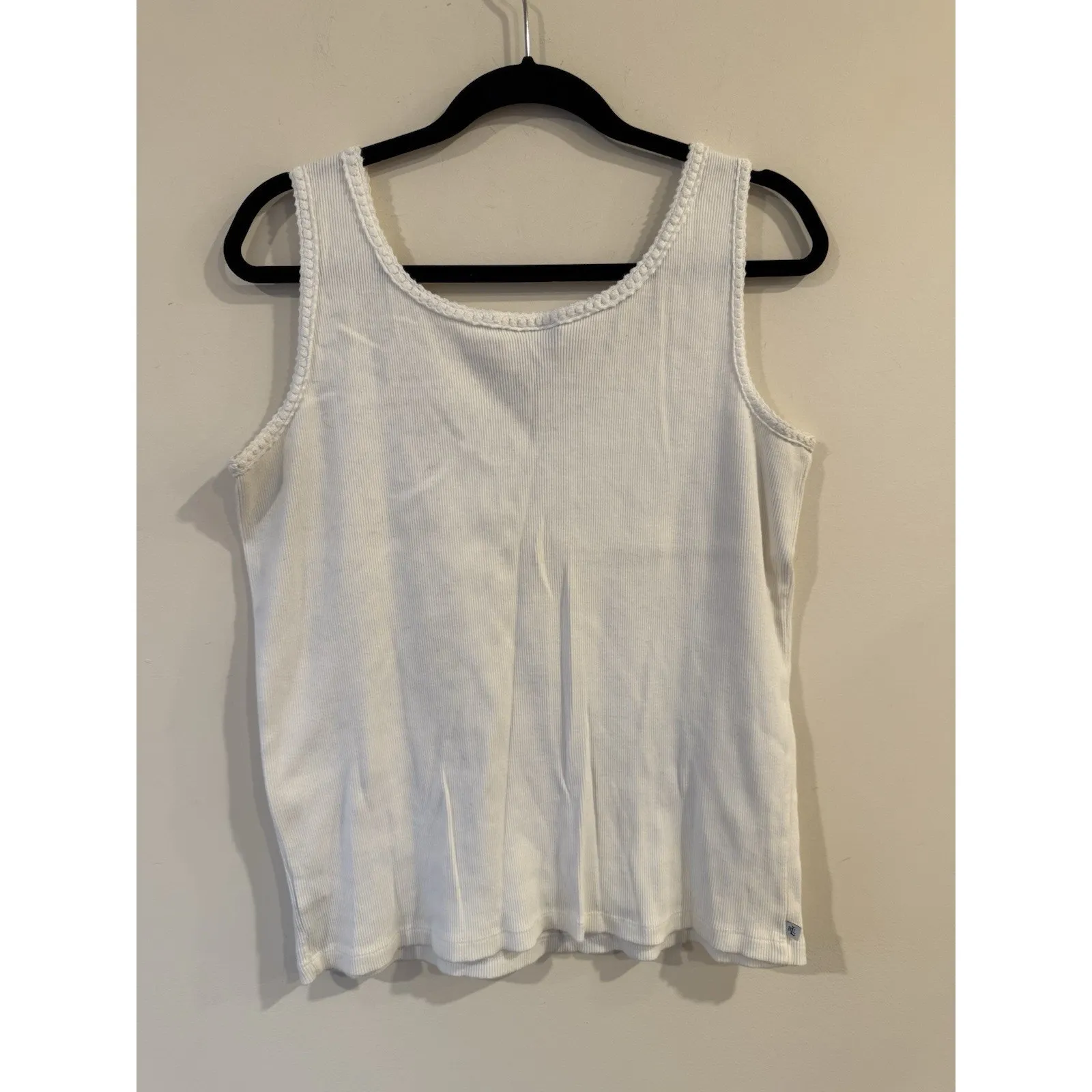 Lauren Ralph Lauren Ladies 1X Beige Crochet Trim Rib Knit Tank Top Classic Boho - Image 2