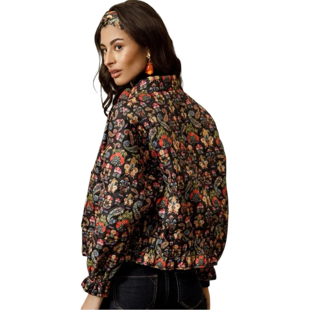 NEW EMILY LOVELOCK Chelsea Quilted Bomber Jacket Black Vibrant 70s Print XS $230 - Image 2