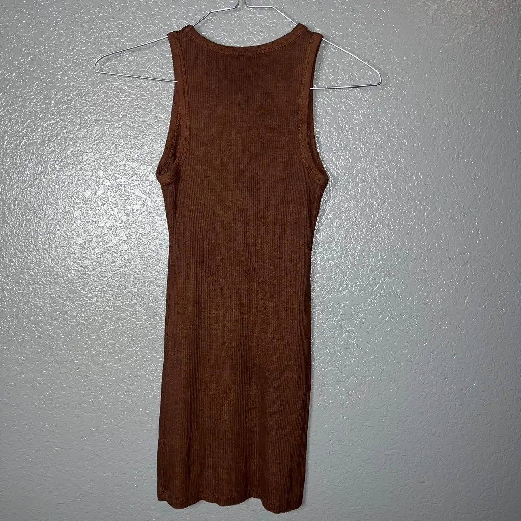 Bershka Brown Ribbed Sleeveless Bodycon Mini Dress - Size Small - Image 3