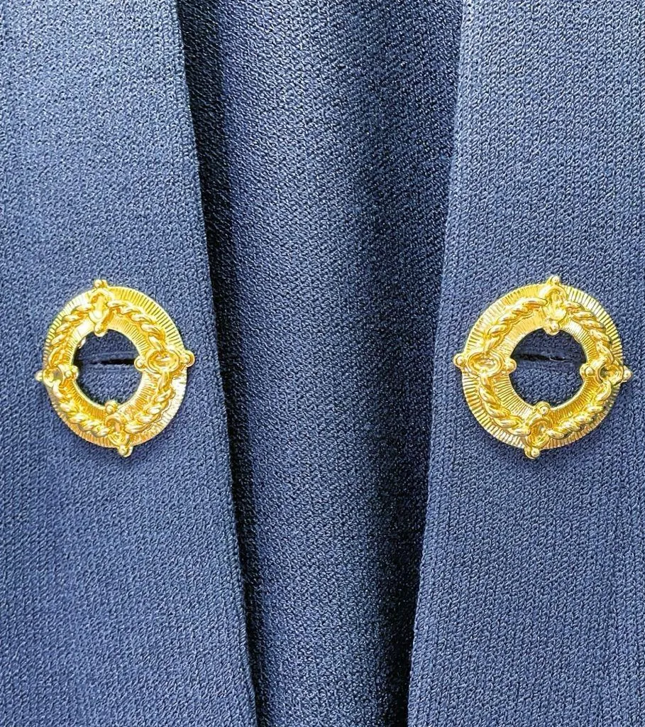 St. John Collection Santana Knit Longline Jacket Blazer Navy Gold Buttons Size 2 - Image 6