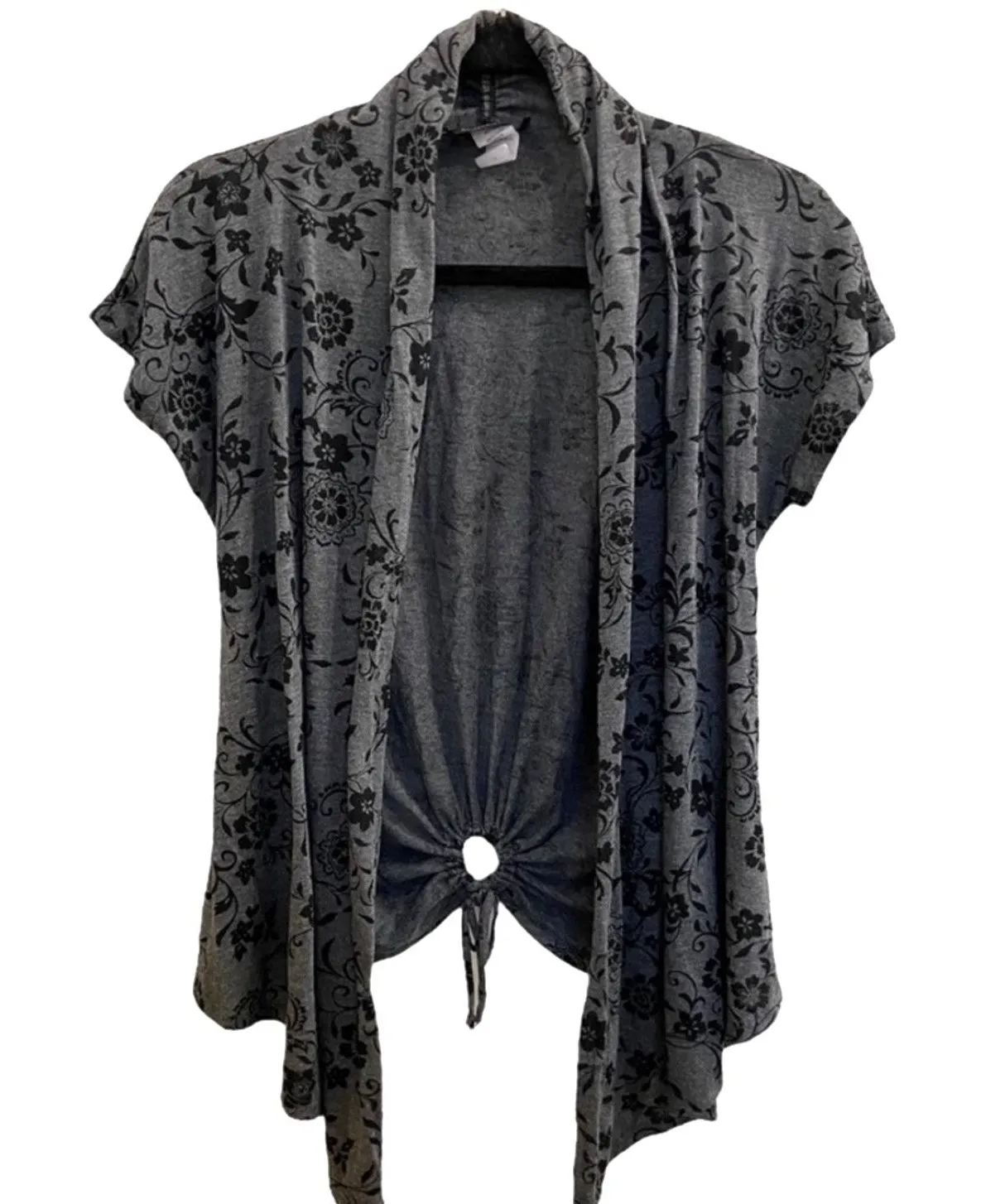 Vintage Brittany Black Gray Floral Open Front Waterfall Shrug Sweater Wrap 90s ! - Image 1