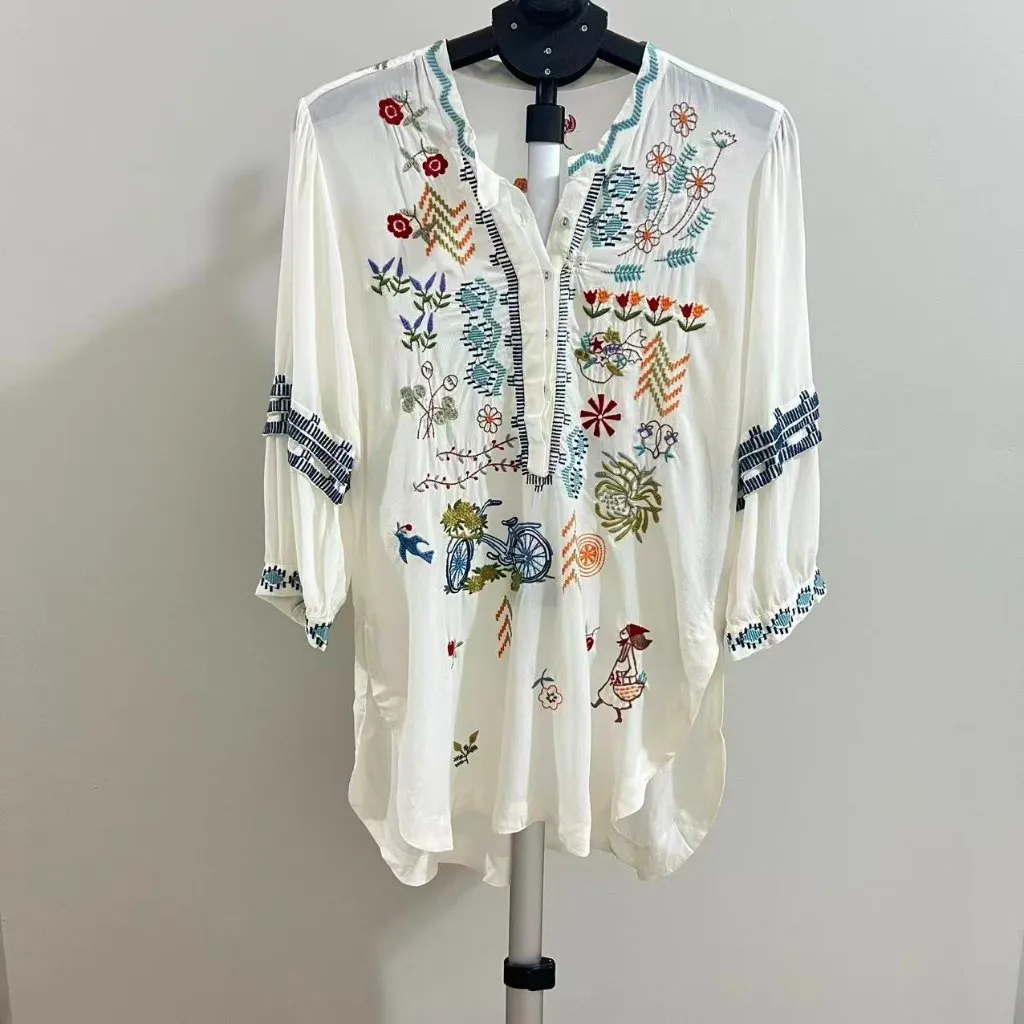 NWOT Johnny Was Biya Embroidered Floral Silk Tunic Boho White Shirt Blouse Sz S - Image 2
