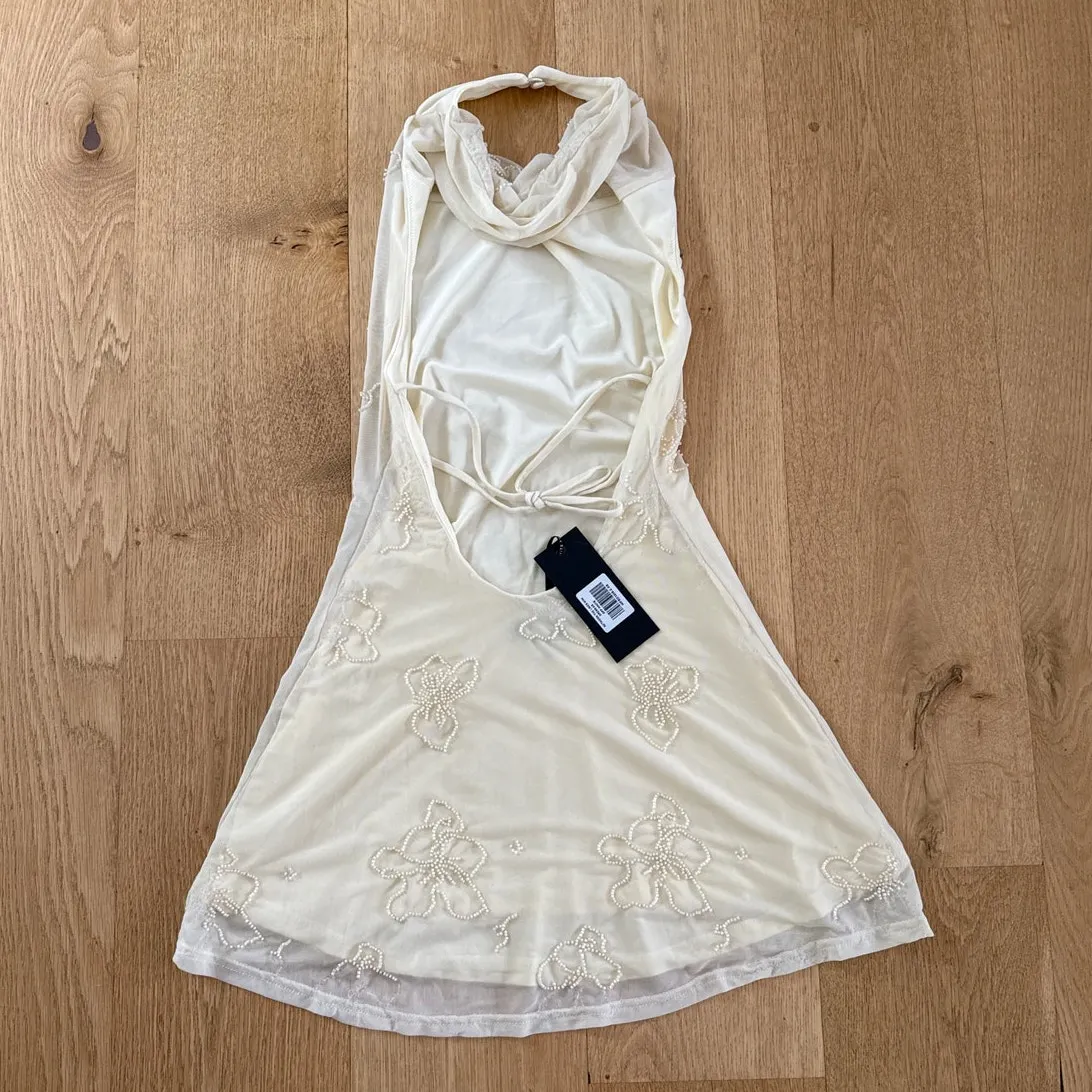 White Fox Mini Dress Beaded Sequins Cowl Neck Between The Lines Size XS Cream - Image 6