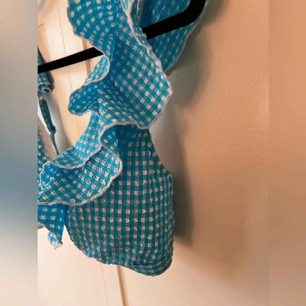 Lilly Pulitzer Blue‎ White NWOT Women’s Aelin Crinkle Gingham Bikini Top Size 12 - Image 6