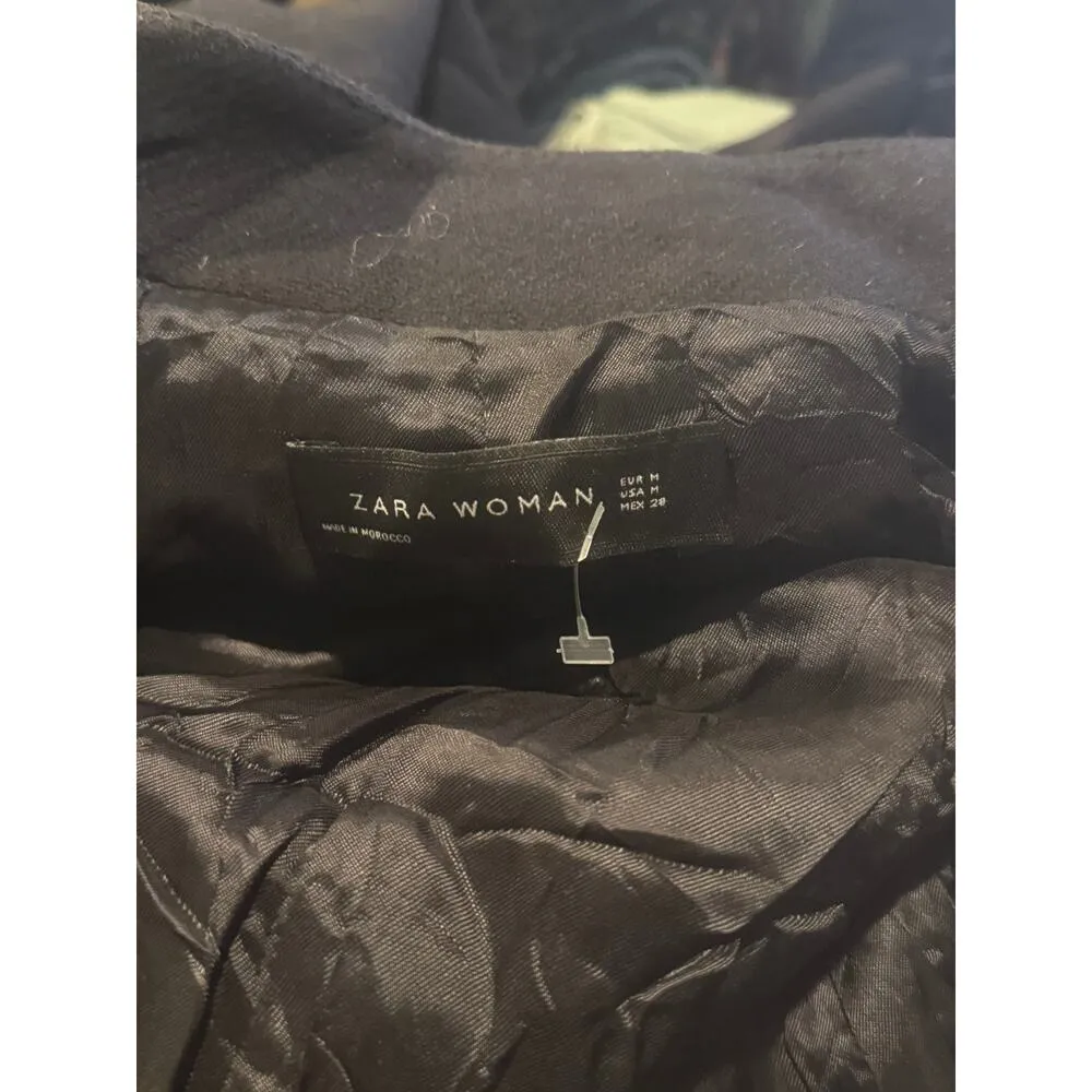 ZARA Double Breast Wool Blend Long Sleeve Faux Pocket Lined Trench Coat M Black - Image 6