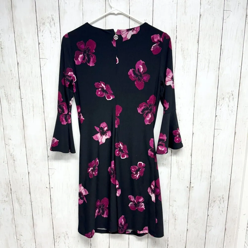 Tommy Hilfiger Dress Size 2 Women Floral Printed Jersey Bell Sleeve Mini Black - Image 4