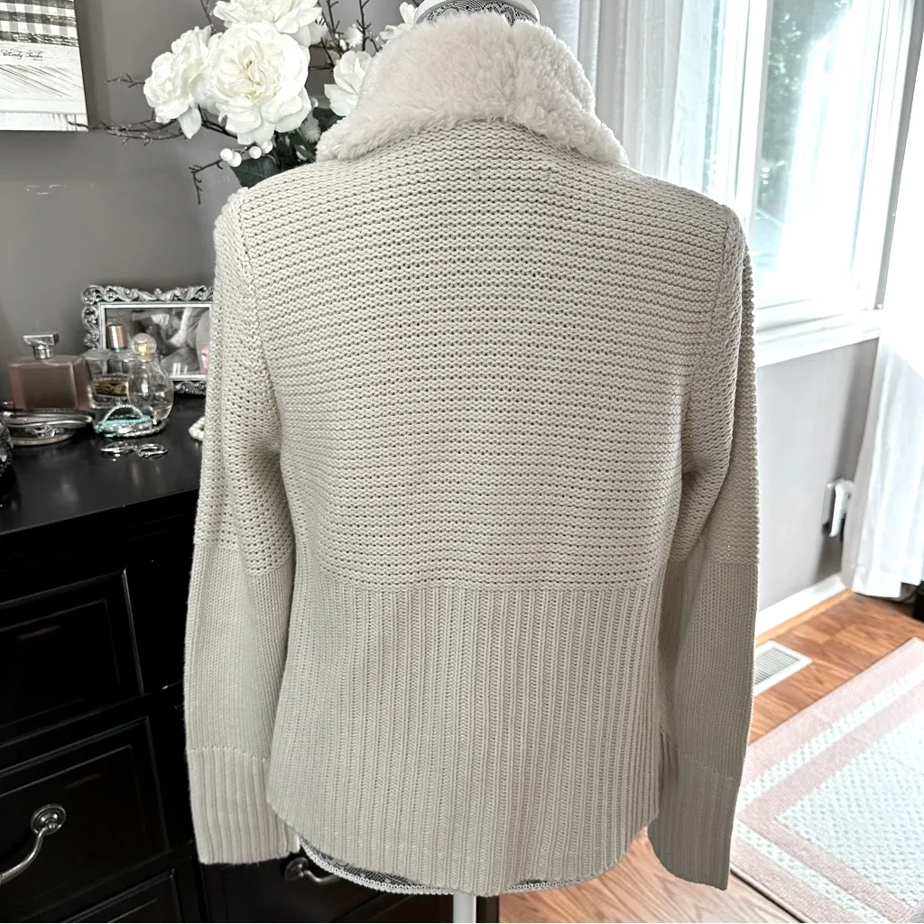 Chelsea & Theodore Oyster Faux Suede Sherpa Open Front Cardigan Sweater M Tan Size M - Image 8