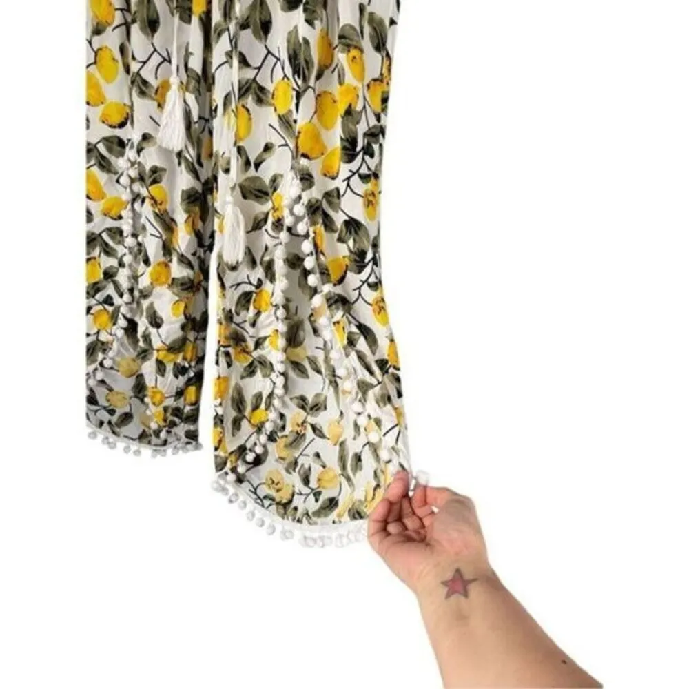 B7 SOLITAIRE SWIM Women's Lemon Print Wide Leg Pants Pom Pom Trim M - Image 6