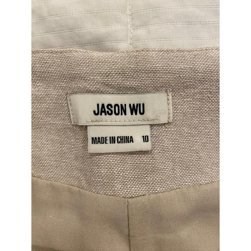 Jason Wu High Rise Linen Blend Side Braid Trim Wide Leg Pants Beige Women's 10 - Image 6