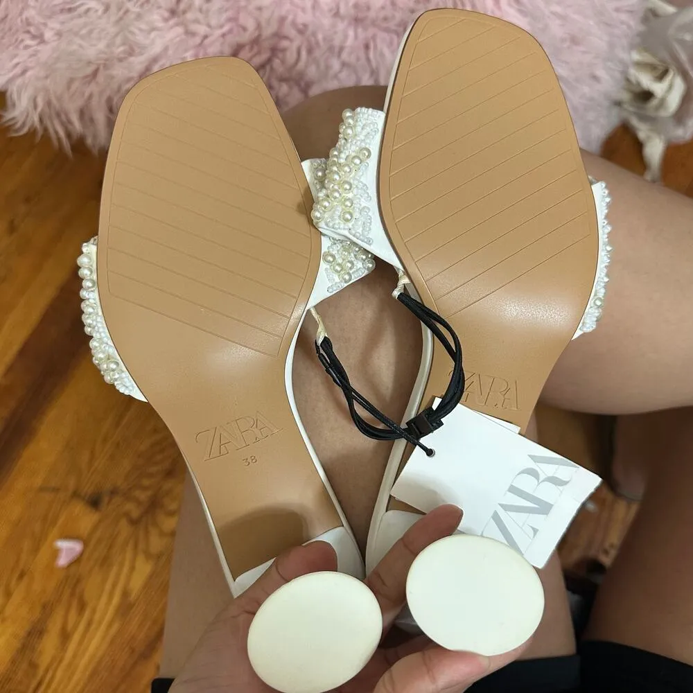 ZARA  White Pearl Beaded Heels Size 7.5 Wedding Bachelorette Feminine BloggersFav - Image 3