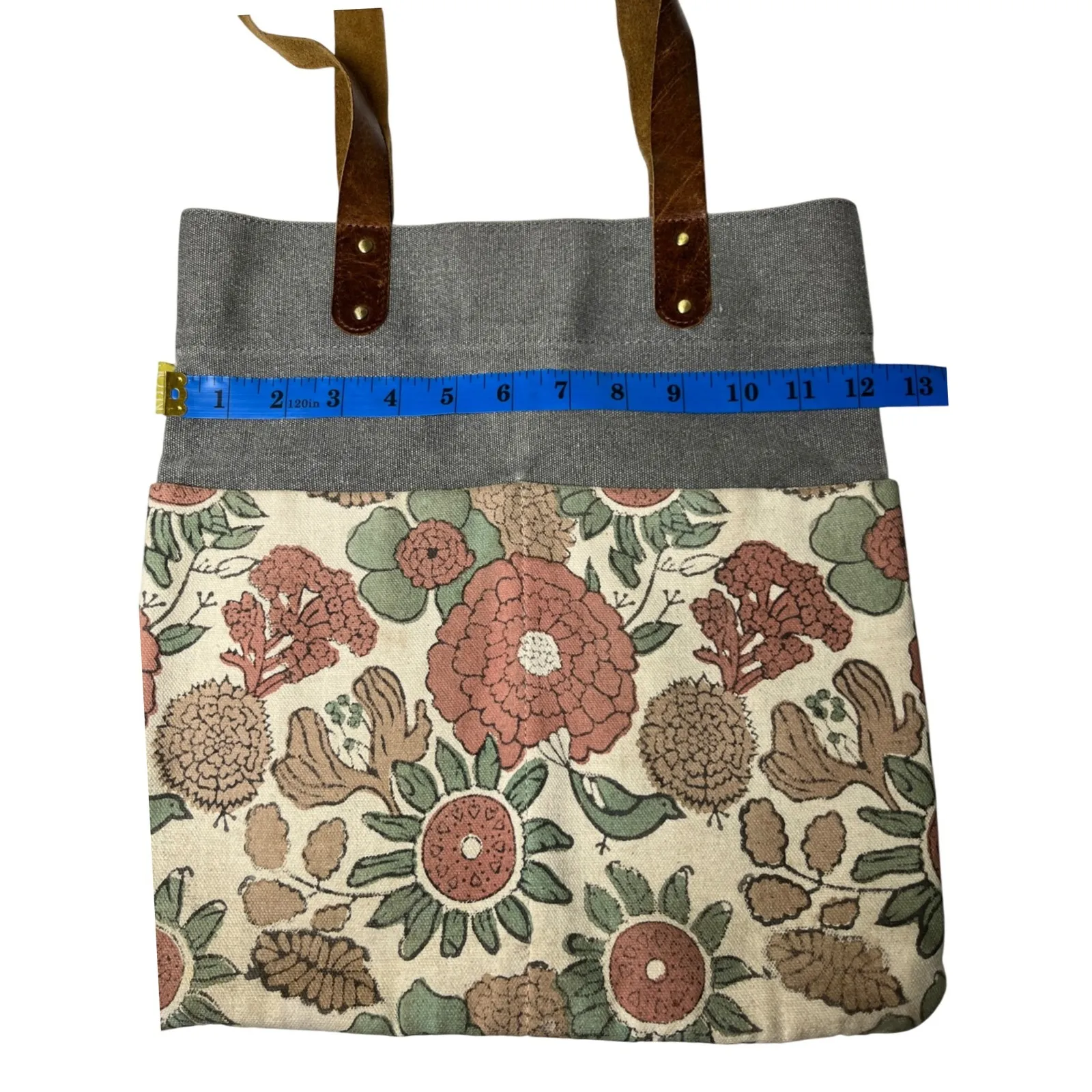JOYN Canvas Leather Strap Tote‎ Bag Gray Floral Print Fair Trade Reversible 14" - Image 6