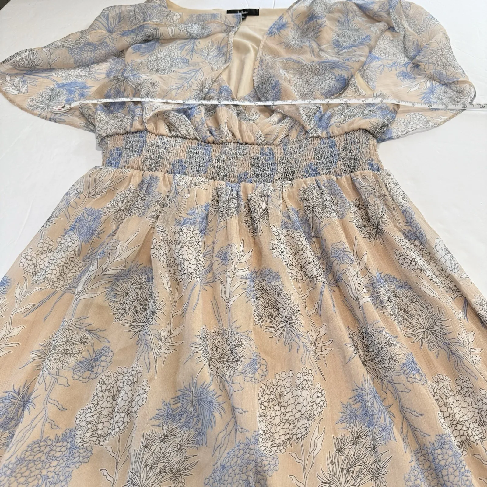 Lulus Subtle Romance Beige Blue Floral Ruffle Flutter Sleeve Midi Dress Size XL - Image 10
