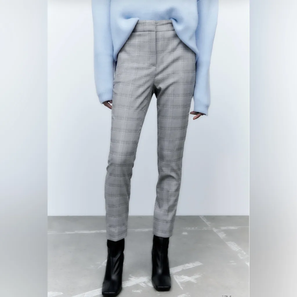 ZARA Plaid Career Business Stretchy Ankle Pants Slacks Gray & Blue Size‎ XS - Image 2