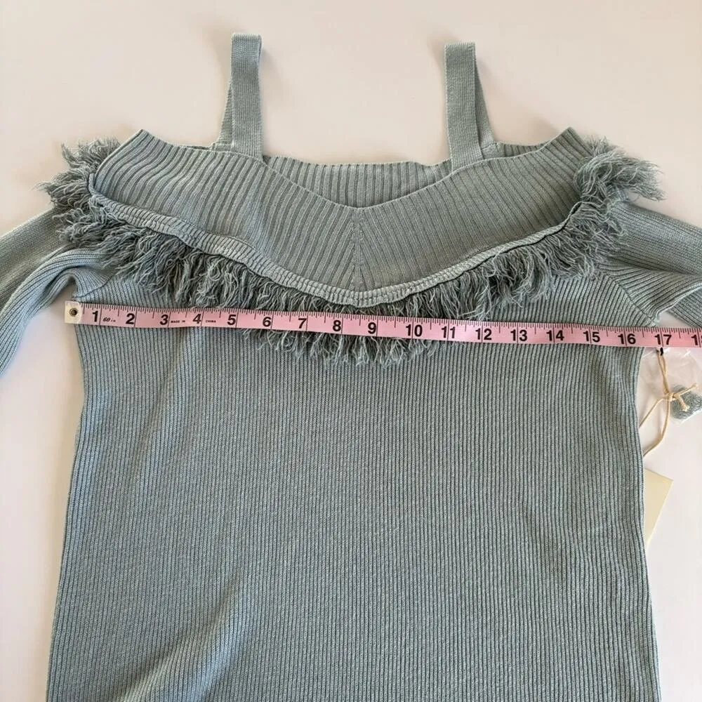 Revolve Tularosa Cannes Soft Sage Fringe Cold Shoulder Lightweight Sweater Small - Image 3
