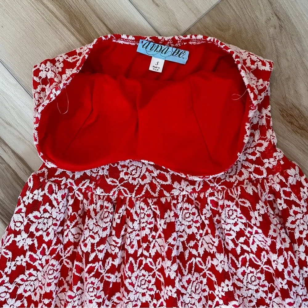 aina be Red & White Strapless Sweat Heart Dress With Floral Lace Details Size S - Image 8