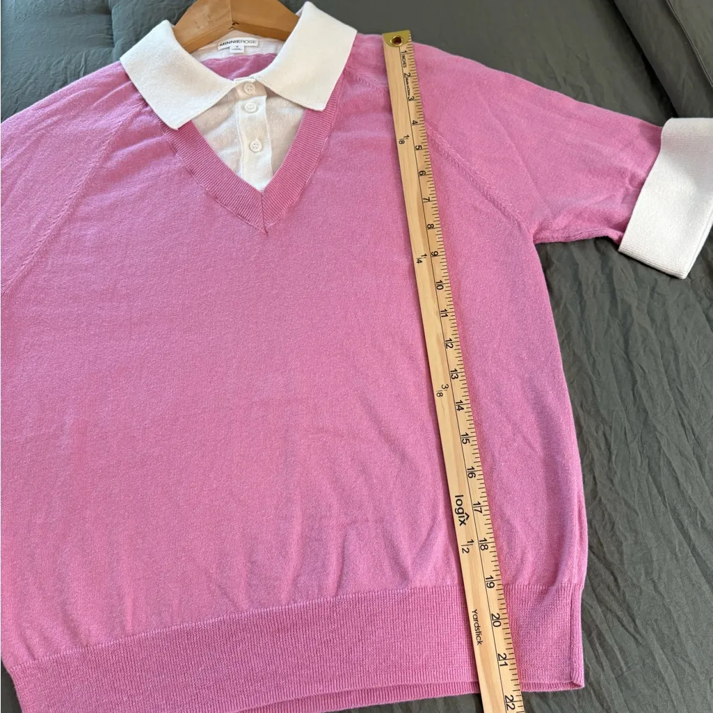 Minnie Rose Cotton Cashmere Collared V-Neck in Raspberry. Size Medium. - Image 14