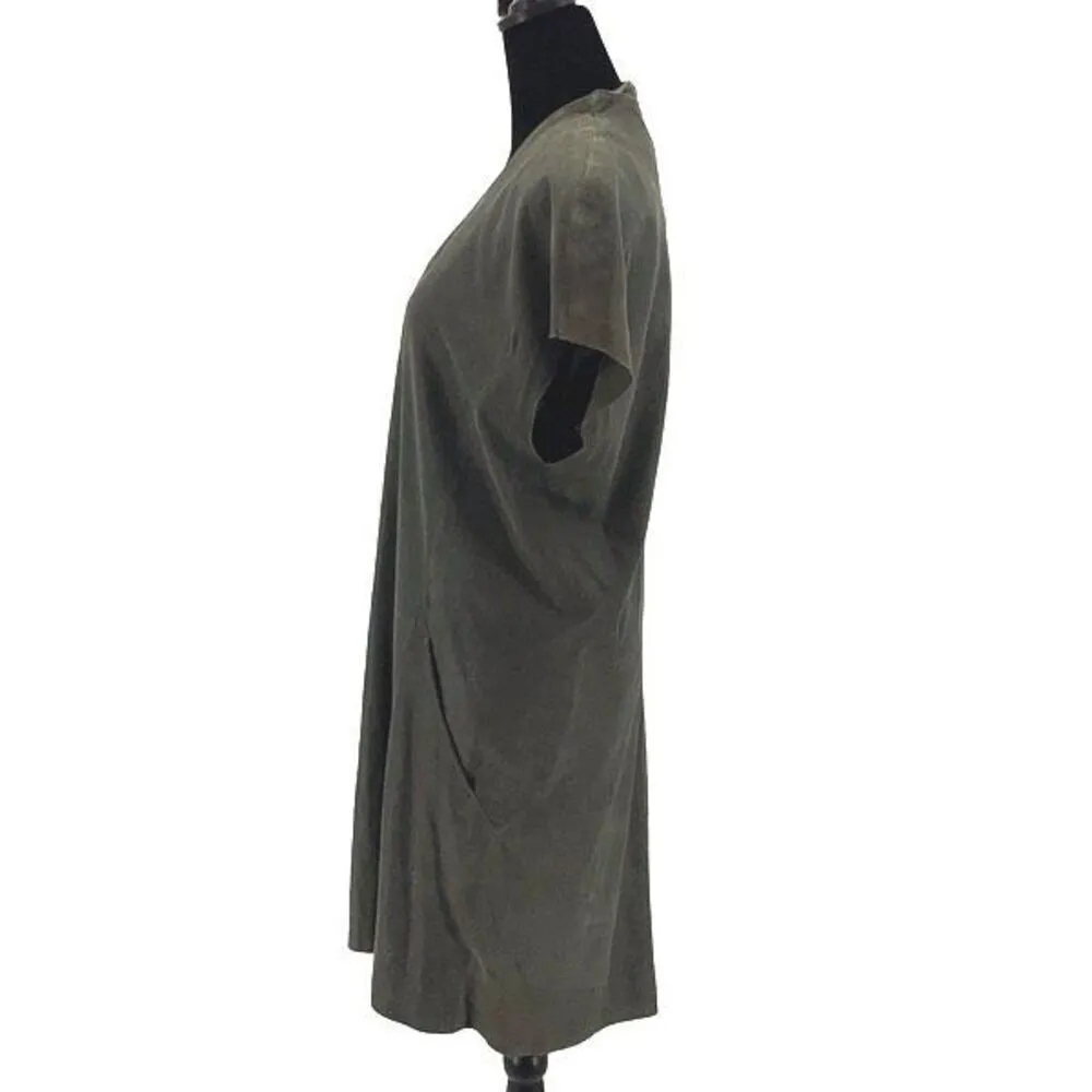 Schai Womens Goat Suede Leather Exposed Back Zip Cap Sleeve Shift Dress Green/Gr Gray - Image 4