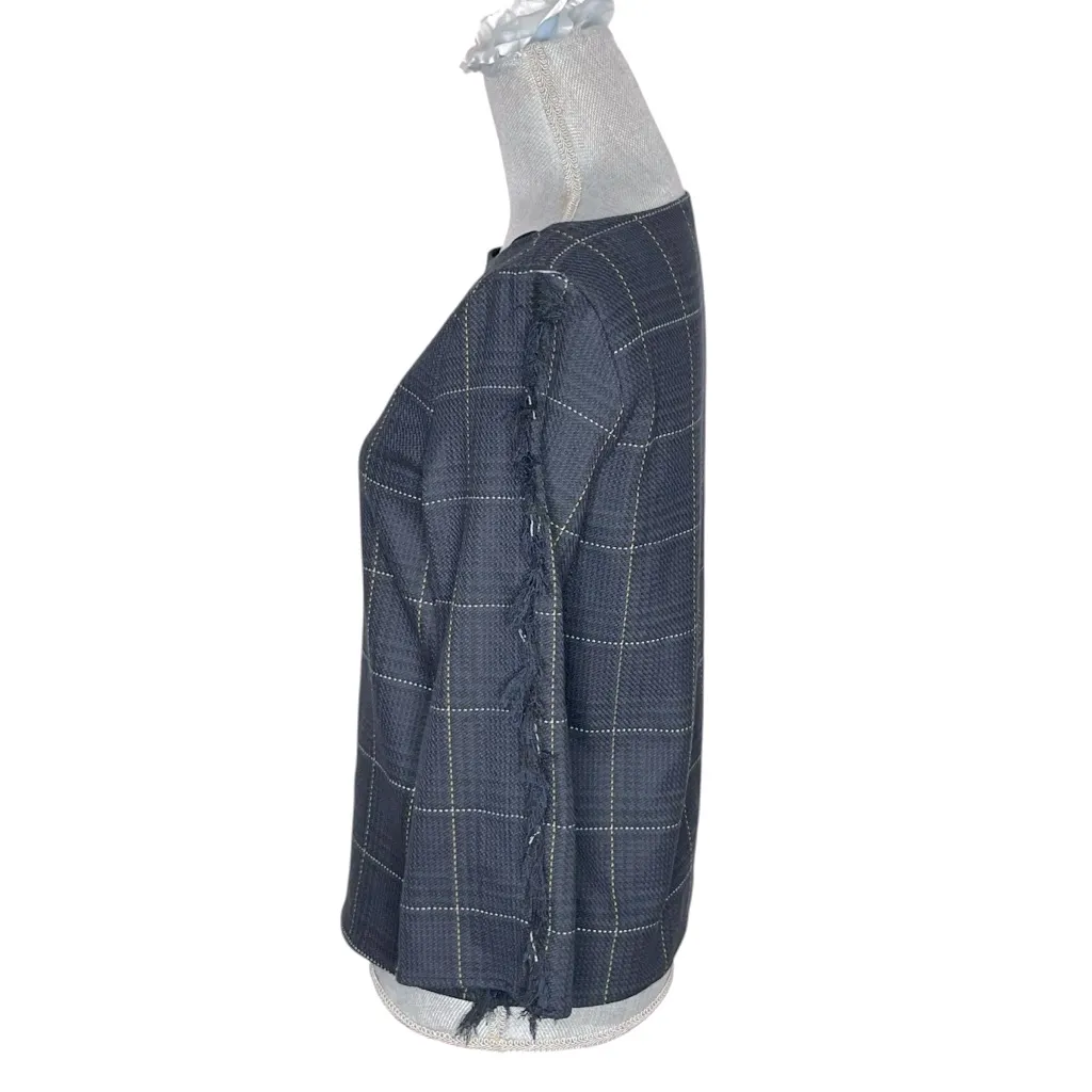 H&M Blue Black Plaid Ruffle Fringe Sleeve Size Boat Neck Top Shirt Size 4 - Image 2