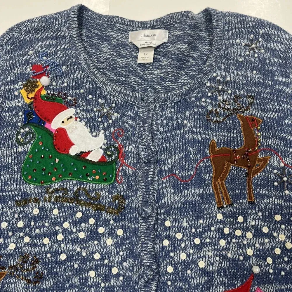 CJ Banks Hand Embroidered Button Up Ugly Christmas Cardigan Sweater Womens 1X - Image 4