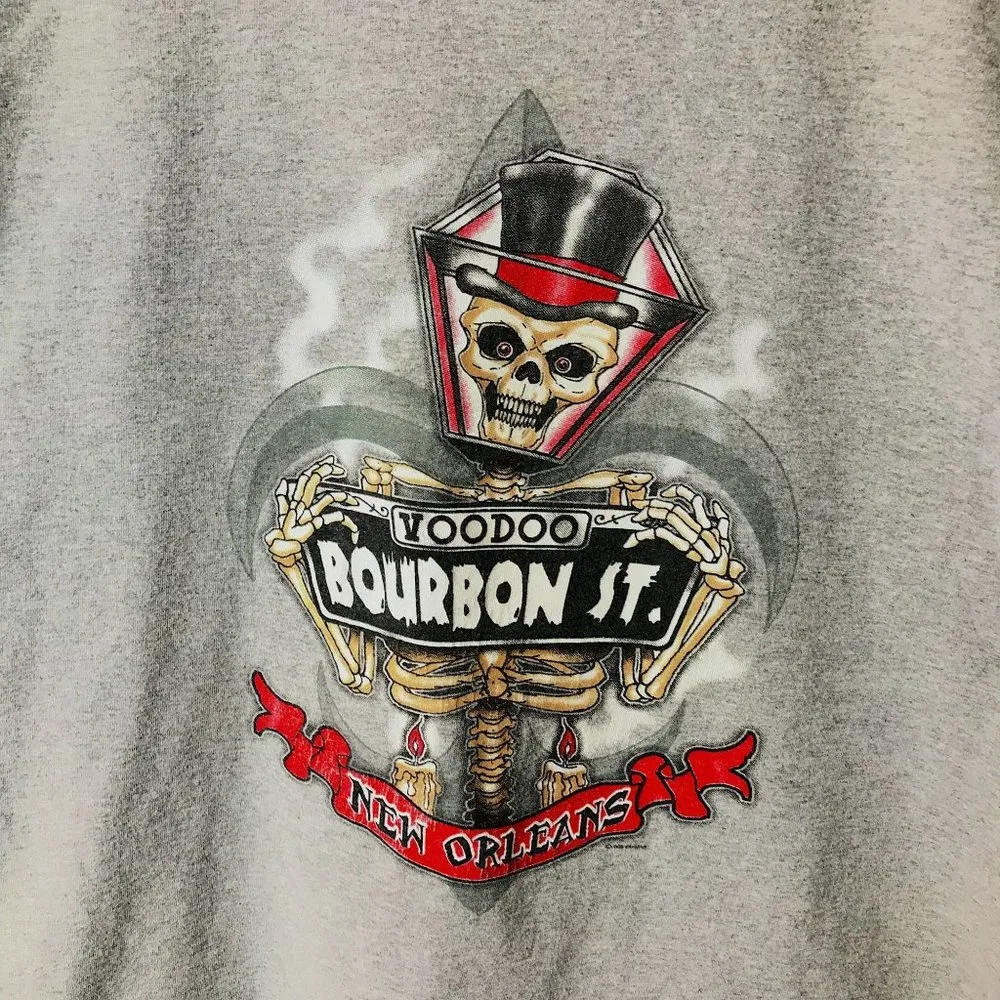 2000 Vintage Y2K Voodoo Bourbon St New Orleans T Shirt Gray Large L Skeleton - Image 15
