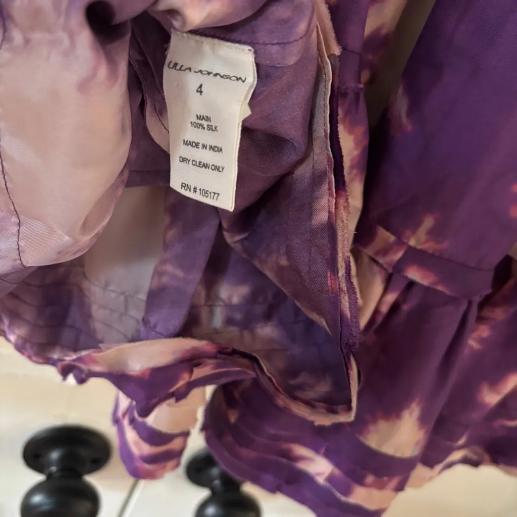 Ulla‎ Johnson Emery Dress Cassis Blur Silk Ruffles Purple Cream Tie Dye Size 4 - Image 10