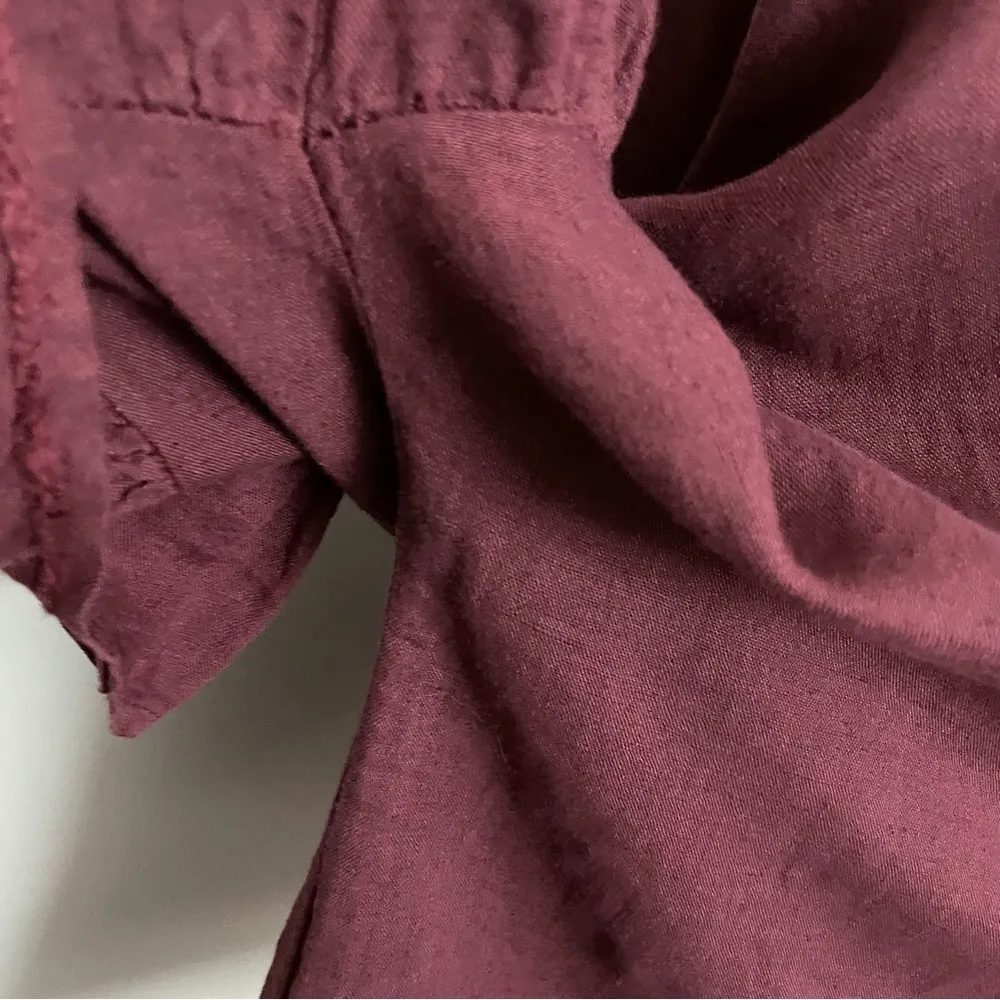 Elena Baldi Top Ruffle Short Sleeve 100% Linen Boxy Italy Burgundy Wine Maroon Purple Size M - Image 3