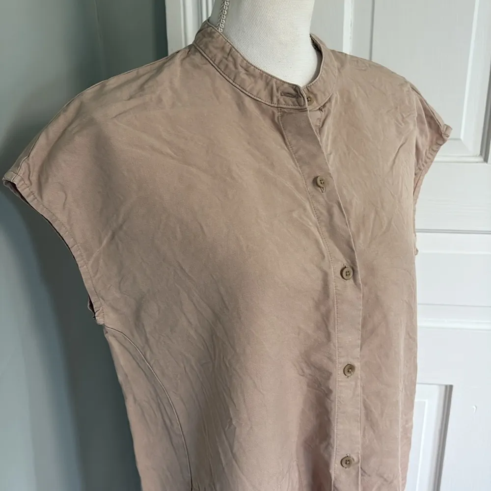 Eileen Fisher Linen Blend Mandarin Collar Shirtdress in Khaki Size Medium - Image 2