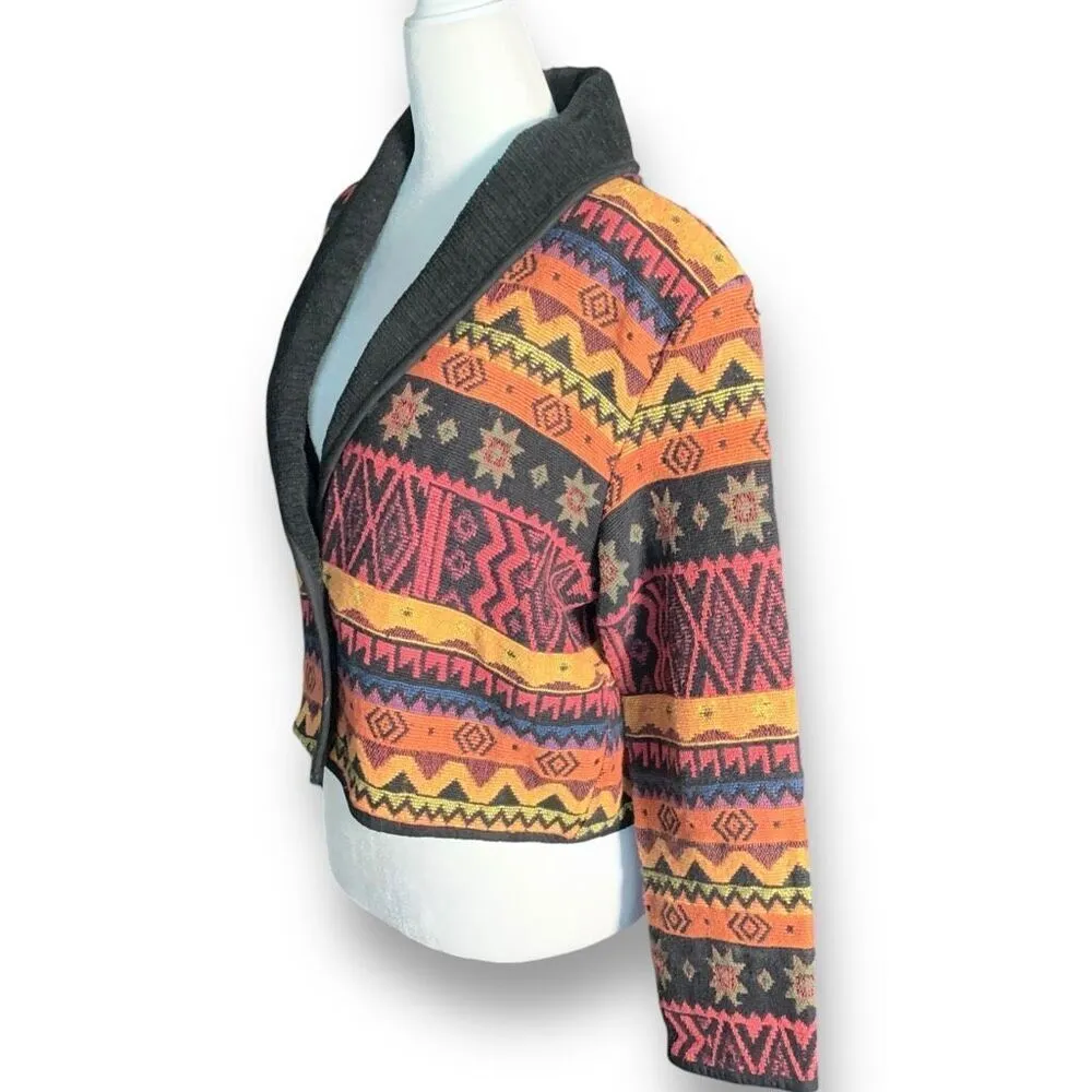 Vintage New Identity Jacket Southwestern Aztec Print Boxy Cropped Shawl Collar Black - Image 2